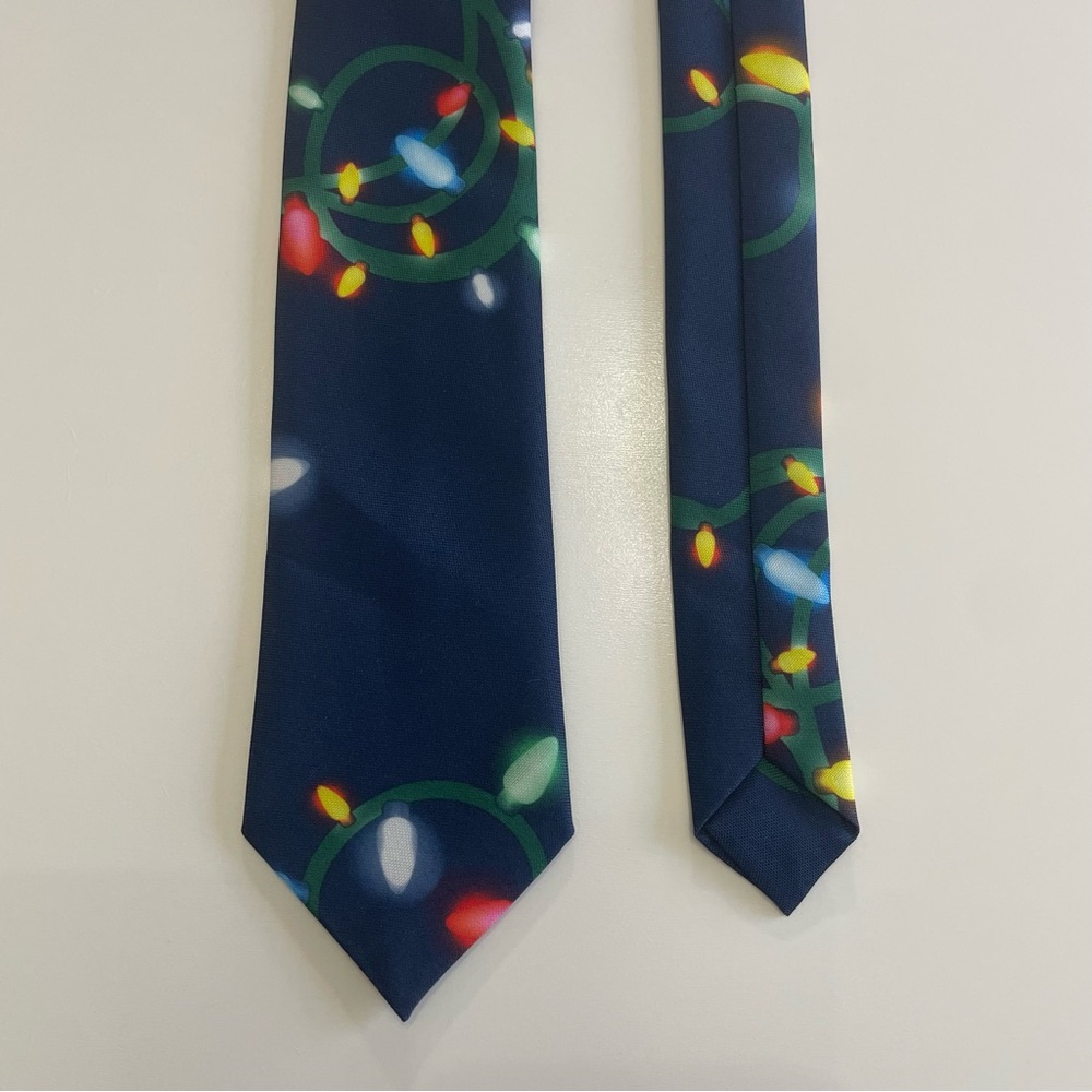Festive Thin Navy Tie with Holiday Lights